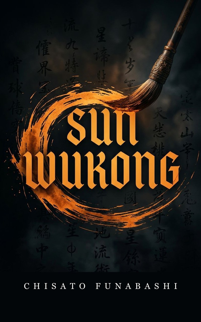 The cover of Sun Wukong by Chisato Funabashi: an orange brush stroke circles the title on a dark ground of faded calligraphy, with a brush at upper right.