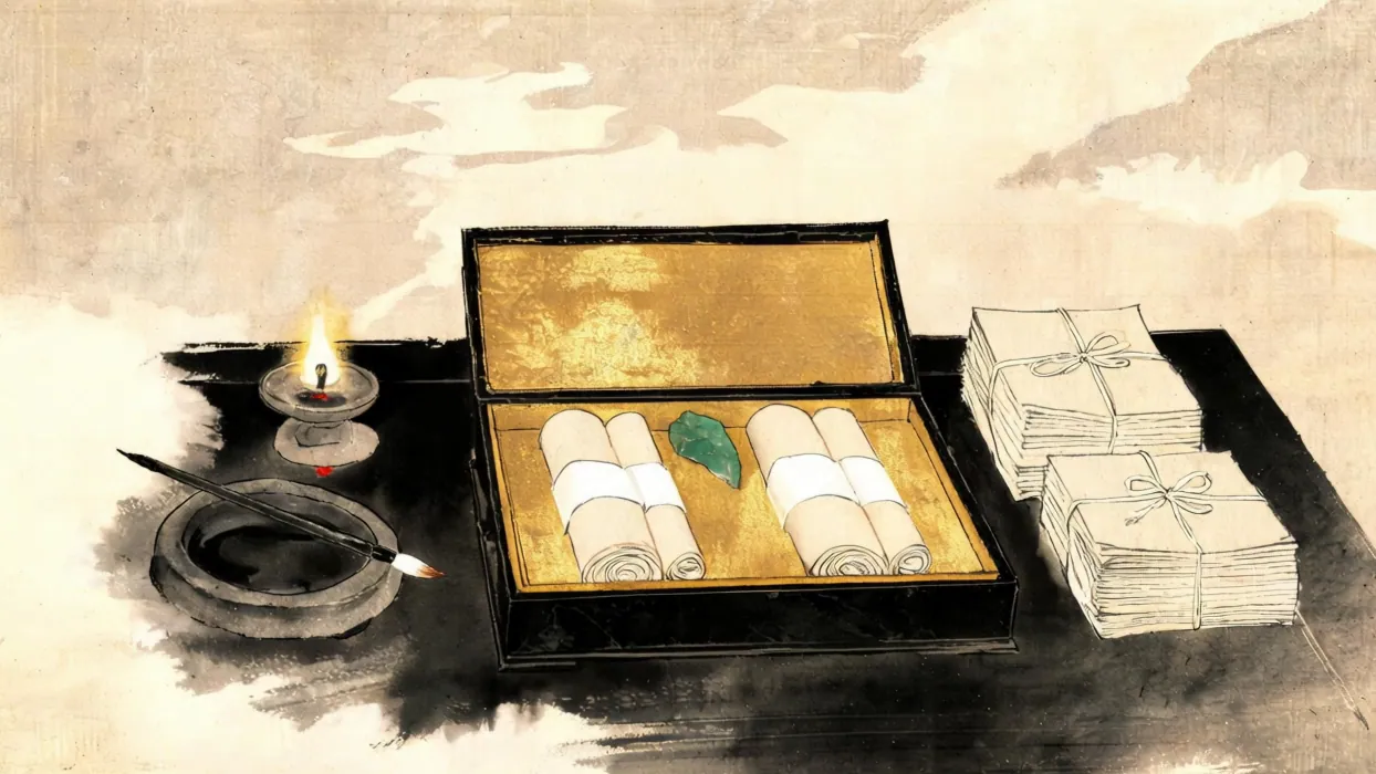 Ink painting: an open black lacquer case lined with gold holds two identical rolled scrolls with a jade fragment between them; beside it a lamp, an inkstone with a brush, and two tied bundles of papers on a dark table.