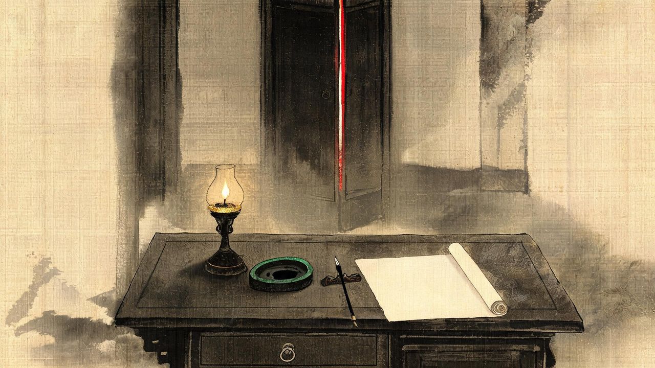 Ink painting: a scribe's dark desk at night with an oil lamp, a jade inkstone, a brush and a sheet of paper; behind it a tall door stands a finger's width from its frame, and a thin line of red-gold light runs the length of the gap.