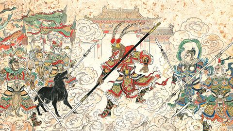 Woodblock print: before Heaven's palace gates the Monkey King in golden armour swings his gold-banded staff against armoured heavenly generals, a black hound and Erlang Shen with his three-pointed spear.