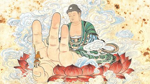 Woodblock print: the Buddha on a lotus holds out his open hand; the tiny Monkey King stands at the foot of one enormous finger, looking up.