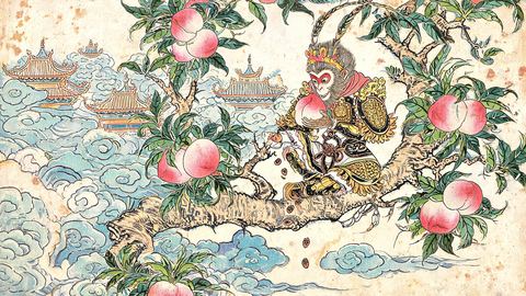 Woodblock print: the Monkey King in a phoenix-feather cap and golden armour sits in a peach tree in Heaven, eating the pink peaches of immortality.