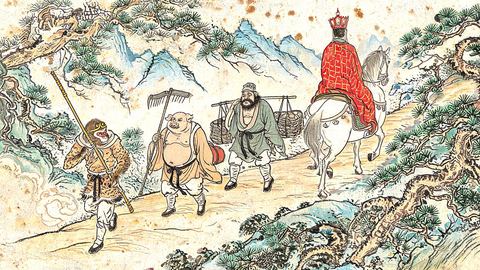 Woodblock print: the pilgrims on a mountain road: the Monkey King with a gold headband and his staff in front, the pig disciple with a rake, the sturdy disciple with the luggage pole, and the monk in a red robe on a white horse.