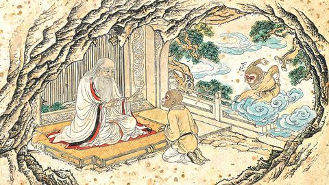 Woodblock print: in a mountain grotto an old white-bearded sage on a dais teaches a kneeling monkey; nearby the monkey somersaults away on a cloud.