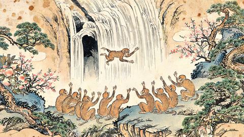 Woodblock print: a monkey leaps through a great waterfall toward the cave behind it while the troop of monkeys below raise their arms to him.