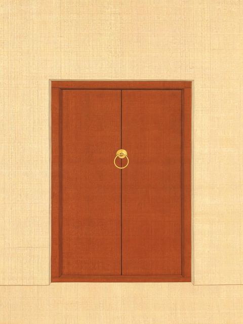 Ink painting: a new double door in red lacquer with a brass ring at its centre, fitted exactly into its frame in a pale, plain wall.