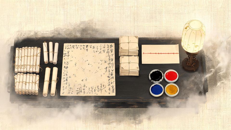 Ink painting, seen from above: the desk laid out with the evidence. Rows of scrolls tied with cord and a few loose rolls, a large sheet whose writing crowds its margins, two stacks of papers tied with cord, a long sheet marked along a line of red chalk, four dishes of ink (black, red, blue and amber) and a paper lamp.
