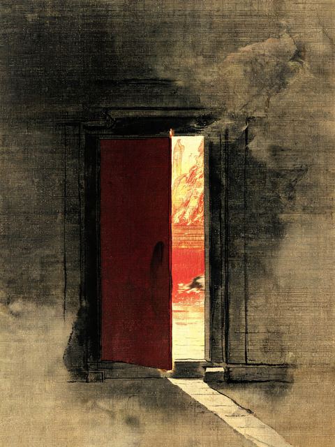Ink painting on silk: a dark door stands a little open; in the red-gold courtyard beyond, a small blurred shape that cannot be made out.