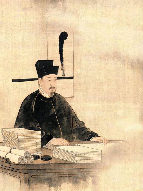 Ink painting on silk: a court official in a black winged hat sits upright behind a desk stacked with bound files; a single brush stroke hangs on the wall behind him.