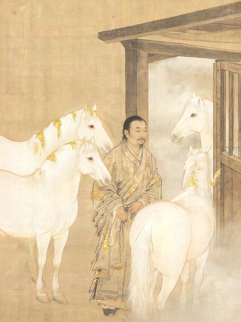 Ink painting on silk: a quiet stable keeper stands among white horses whose heads are turned toward the open stable door.