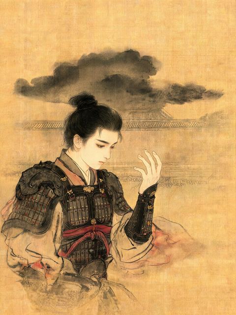 Ink painting on silk: a young soldier in dark armour looks down at his raised right hand; a dark storm cloud hangs still behind him.