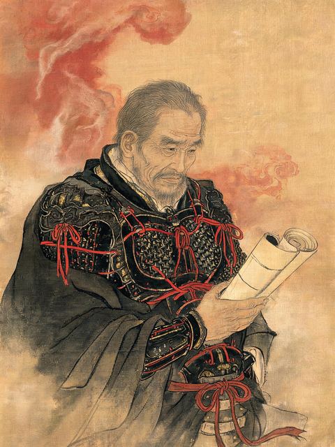 Ink painting on silk: a weathered commander in dark lacquered armour laced with red cords holds a folded dispatch against a smoky red sky.