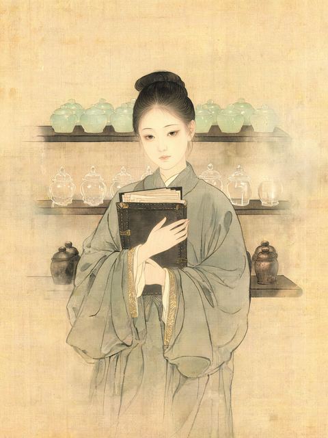 Ink painting on silk: a young records officer in grey-green robes holds a portfolio to her chest in front of shelves of jade and crystal pill jars.