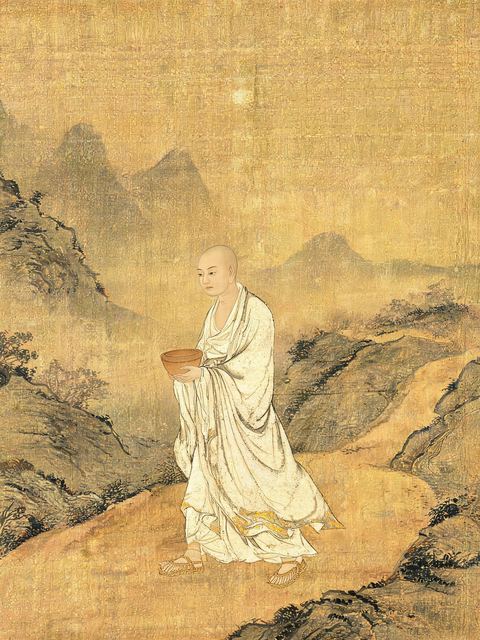 Ink painting on silk: a thin monk in plain cotton robes, holding a clay bowl, walks along a mountain road.