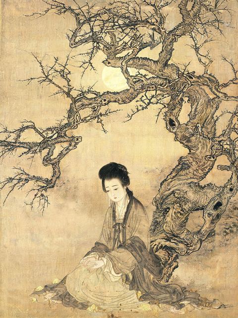Ink painting on silk: a woman in plain robes sits weeping at the foot of an enormous old peach tree whose branches are bare.