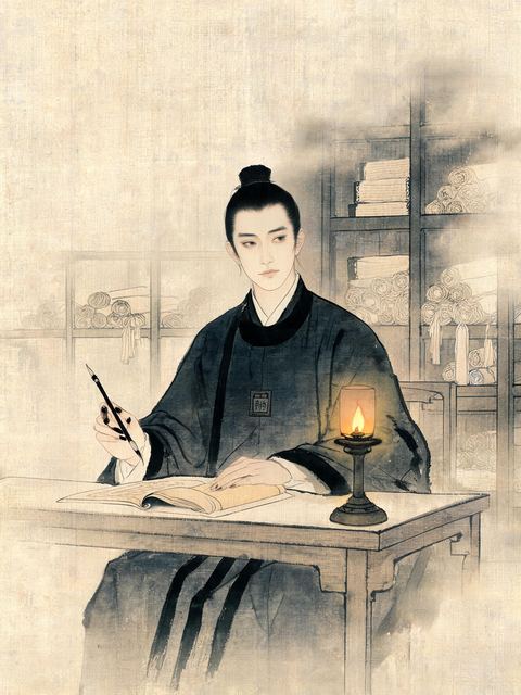 Ink painting on silk: a slight scribe in dark navy robes sits at a plain desk, brush in hand over an open book, a small lamp burning beside him and shelves of scrolls fading into mist.