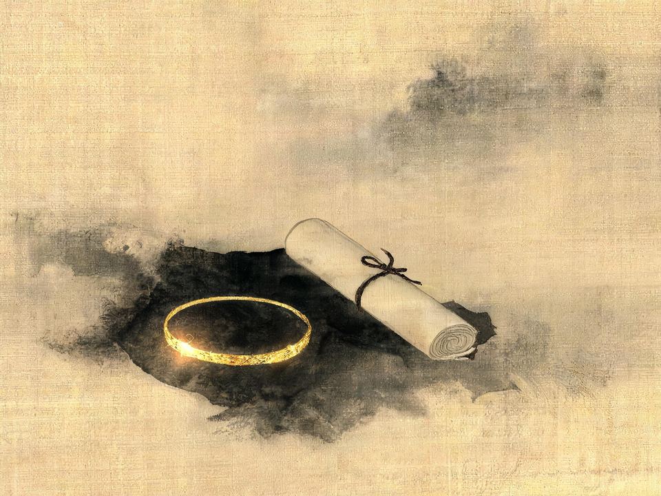 Ink painting on silk: a thin golden circlet lies on a pool of dark ink wash beside a closed sutra scroll tied with a cord.