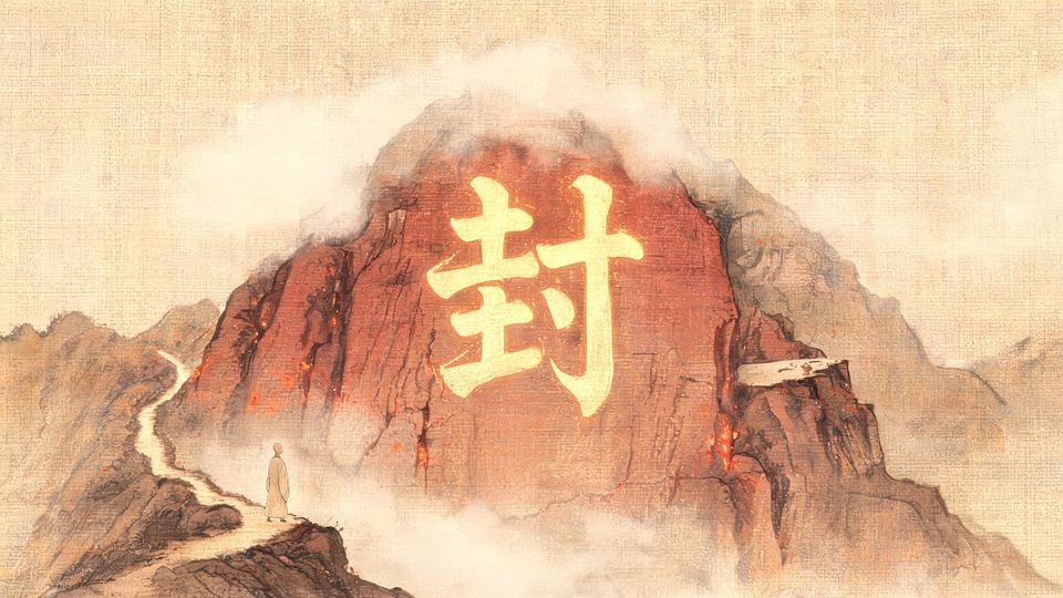 Ink painting: a great mountain face split by glowing red fissures, the character 封 in gold carved across it, still cloud around the summit, and a small monk on the road at its foot.